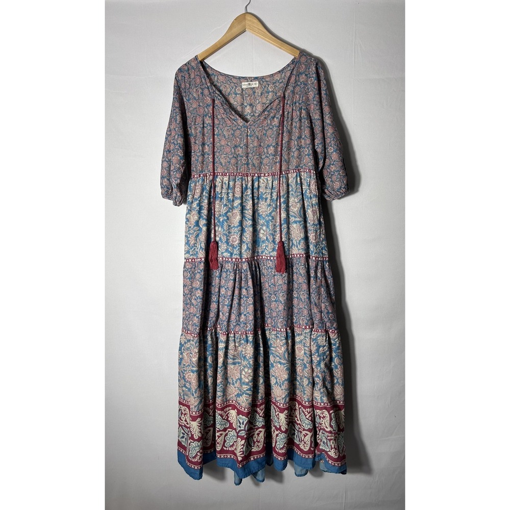 Natural Life Dress Womens XS Multicolor Floral Maxi Tiered Tassel Boho Oversized